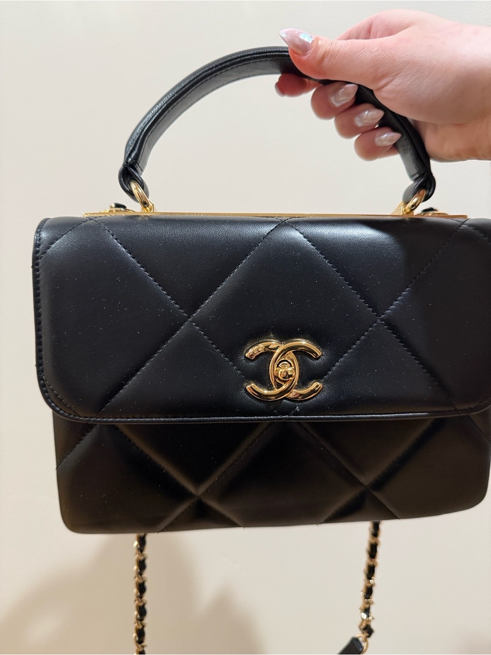 CHANEL Black Quilted Top Handle Shoulder Bag with Gold CC Hardware
